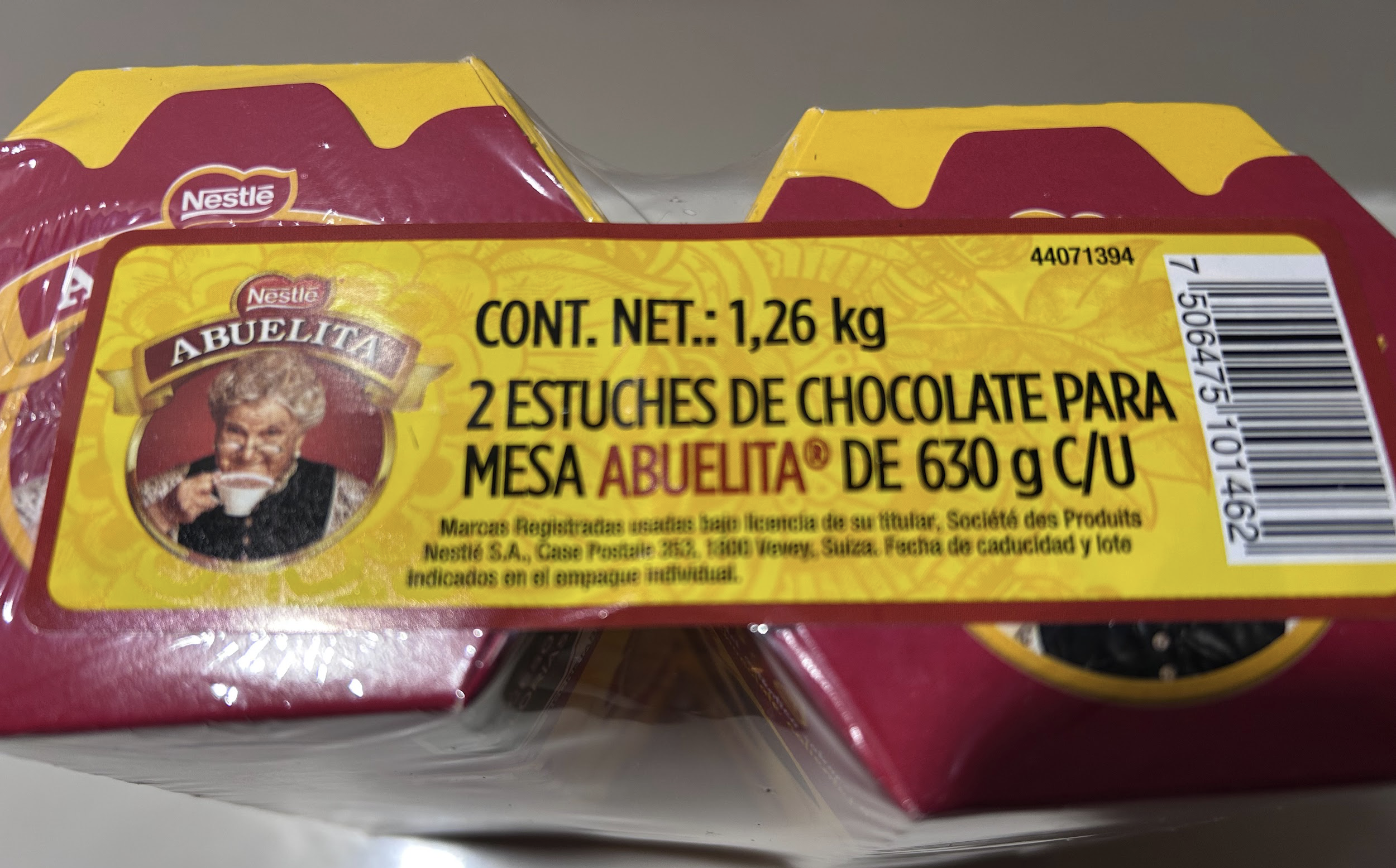 ABUELITA top label showing net content 1.26 kg