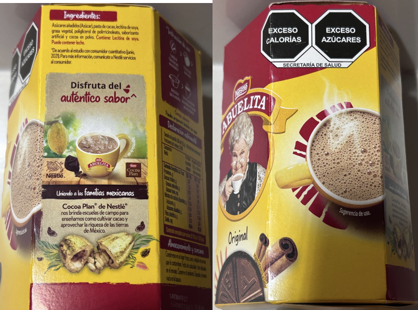 ABUELITA packaging with ingredients and health warning labels