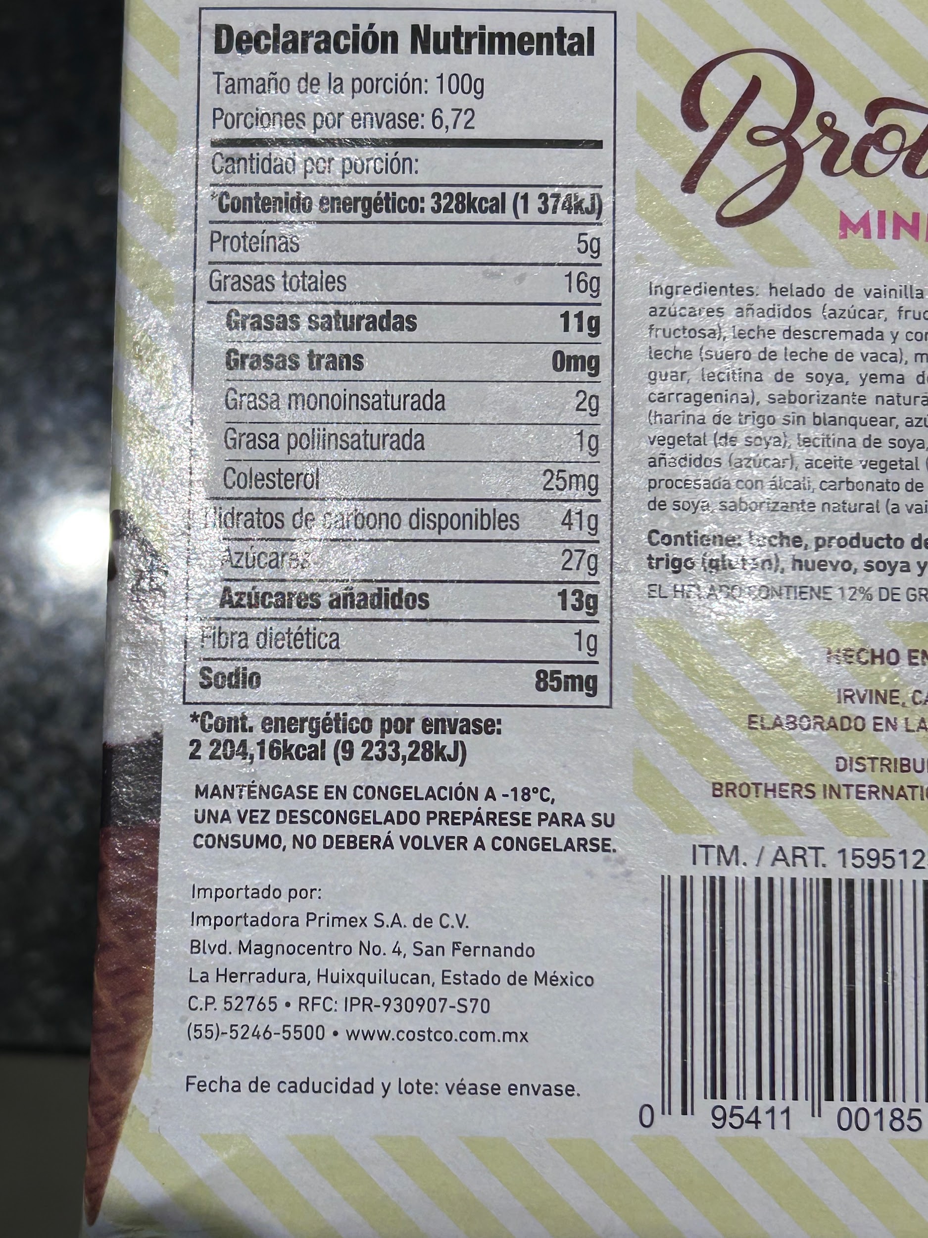 Nutrition facts panel on the Brothers mini cones box