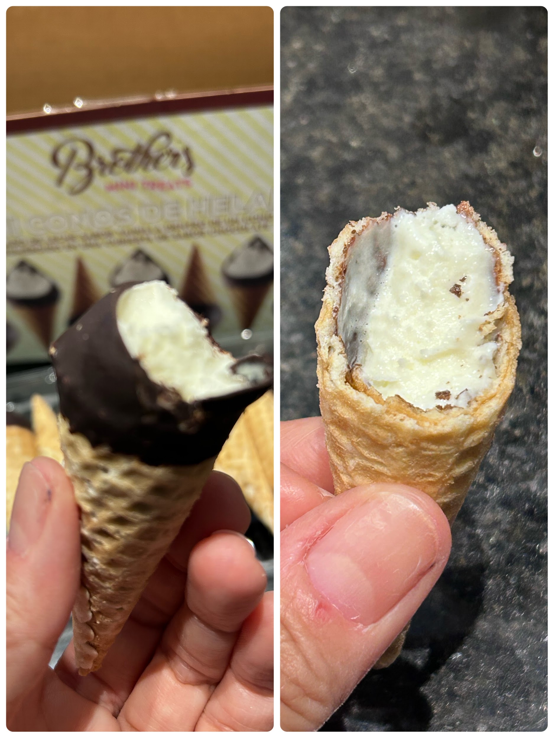 Broken-open mini cone showing the cream filling and inner chocolate coating