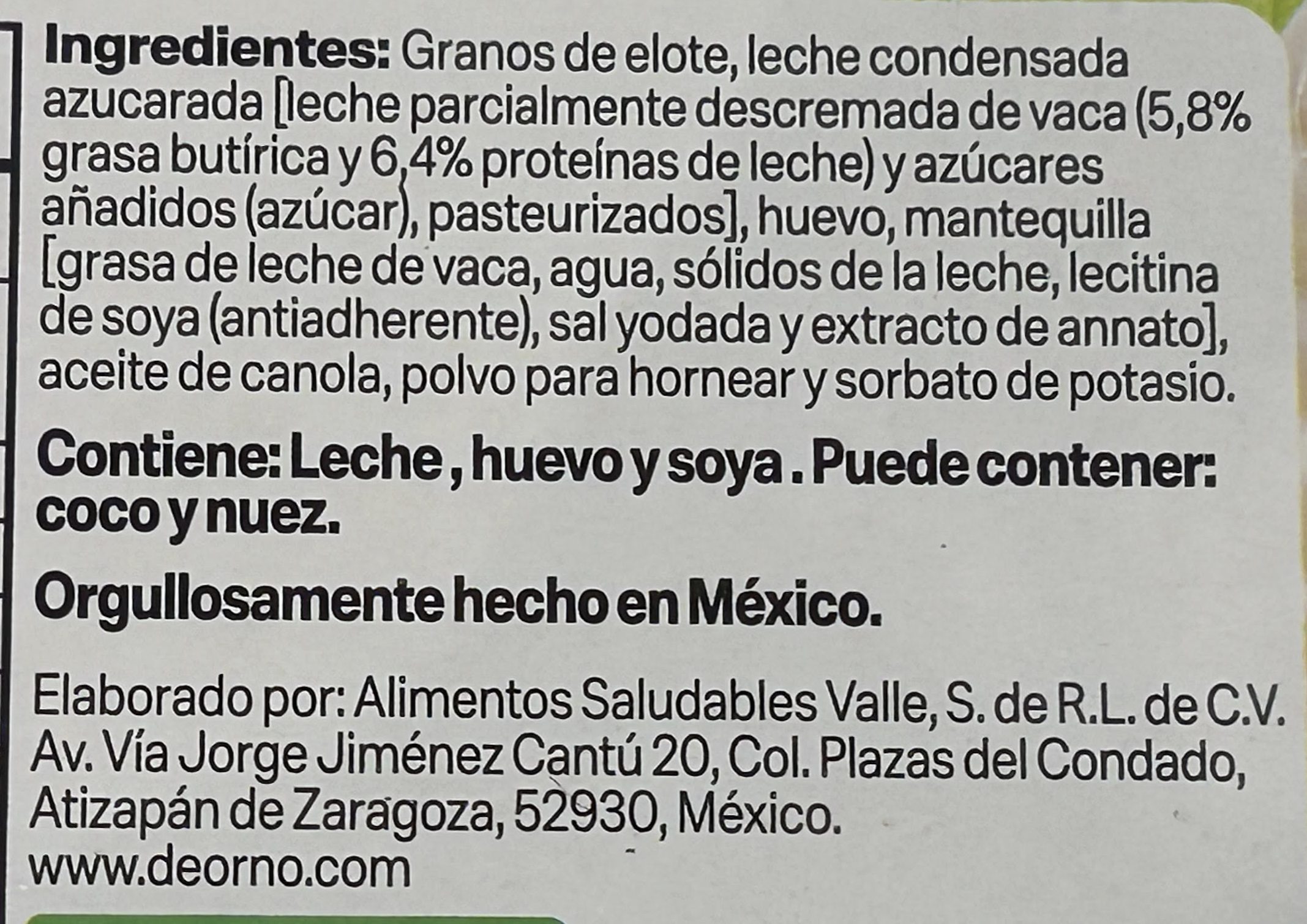 Panqués de Elote ingredient label