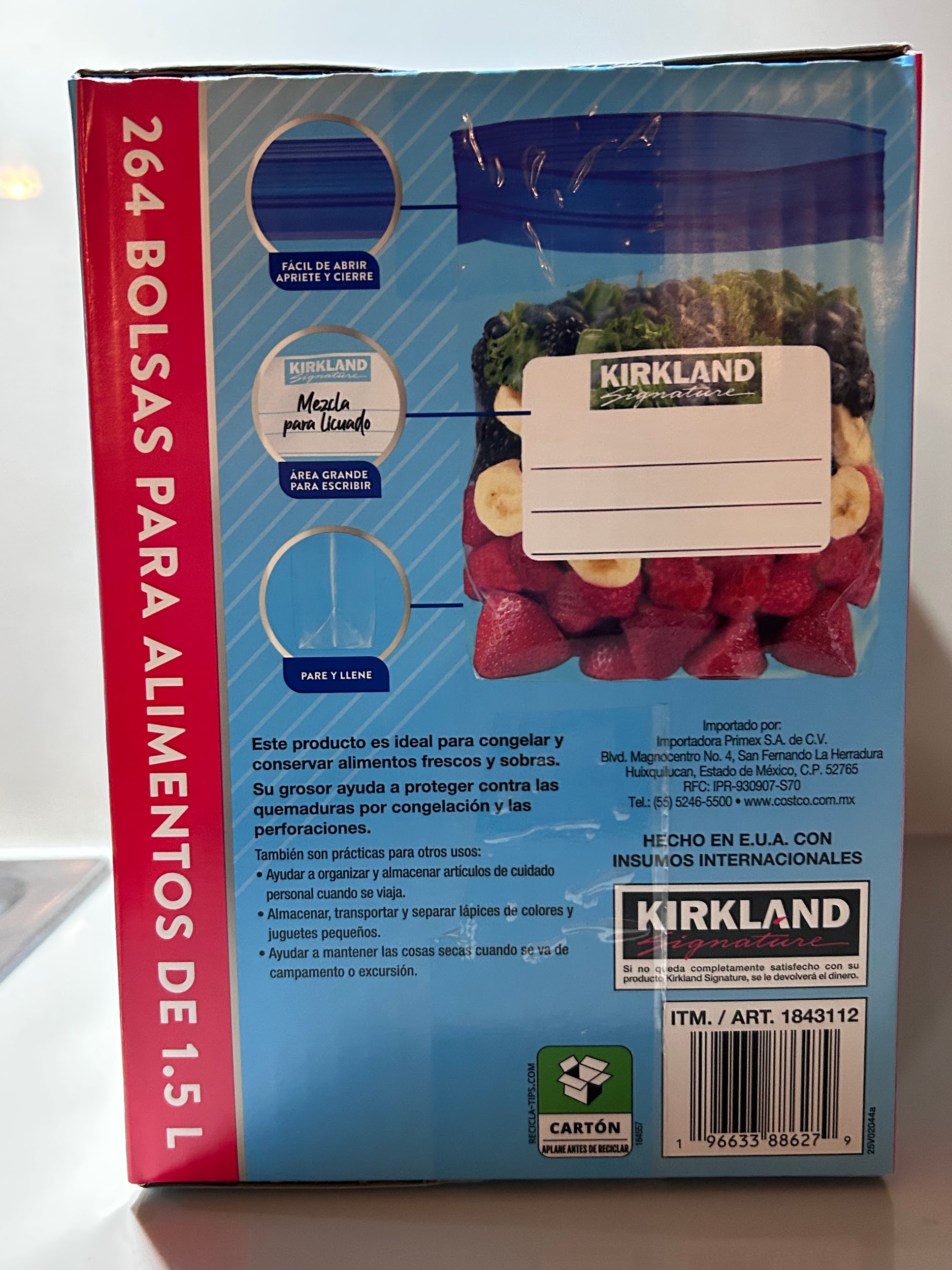 Back panel of the Kirkland freezer bags box with usage notes