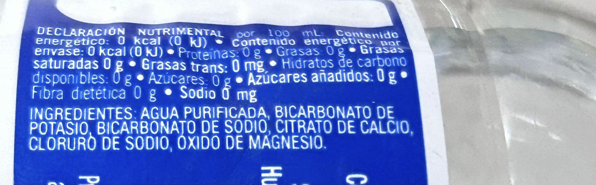 Nutrition facts label for Kirkland purified water