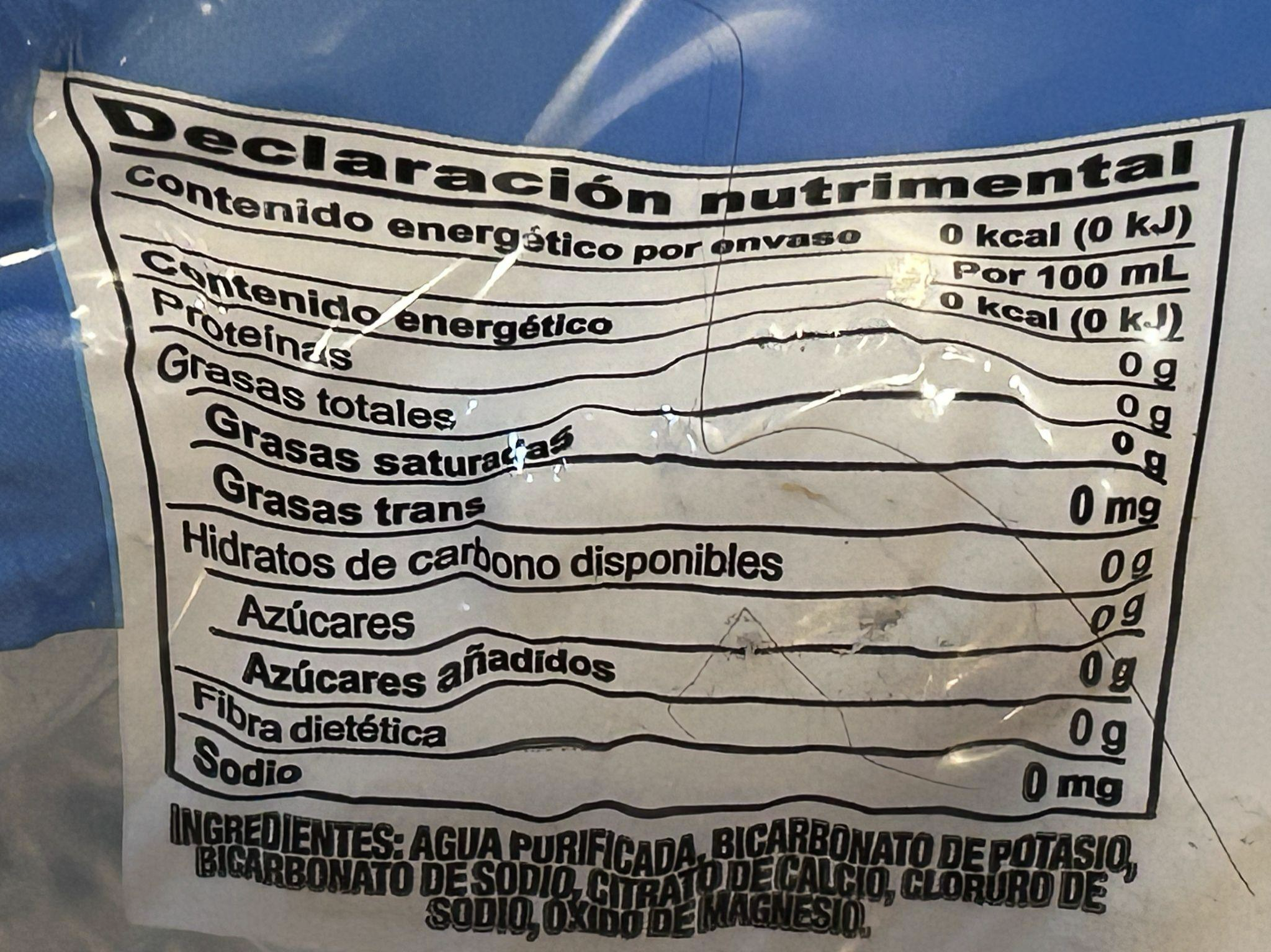 Ingredients label for Kirkland purified water