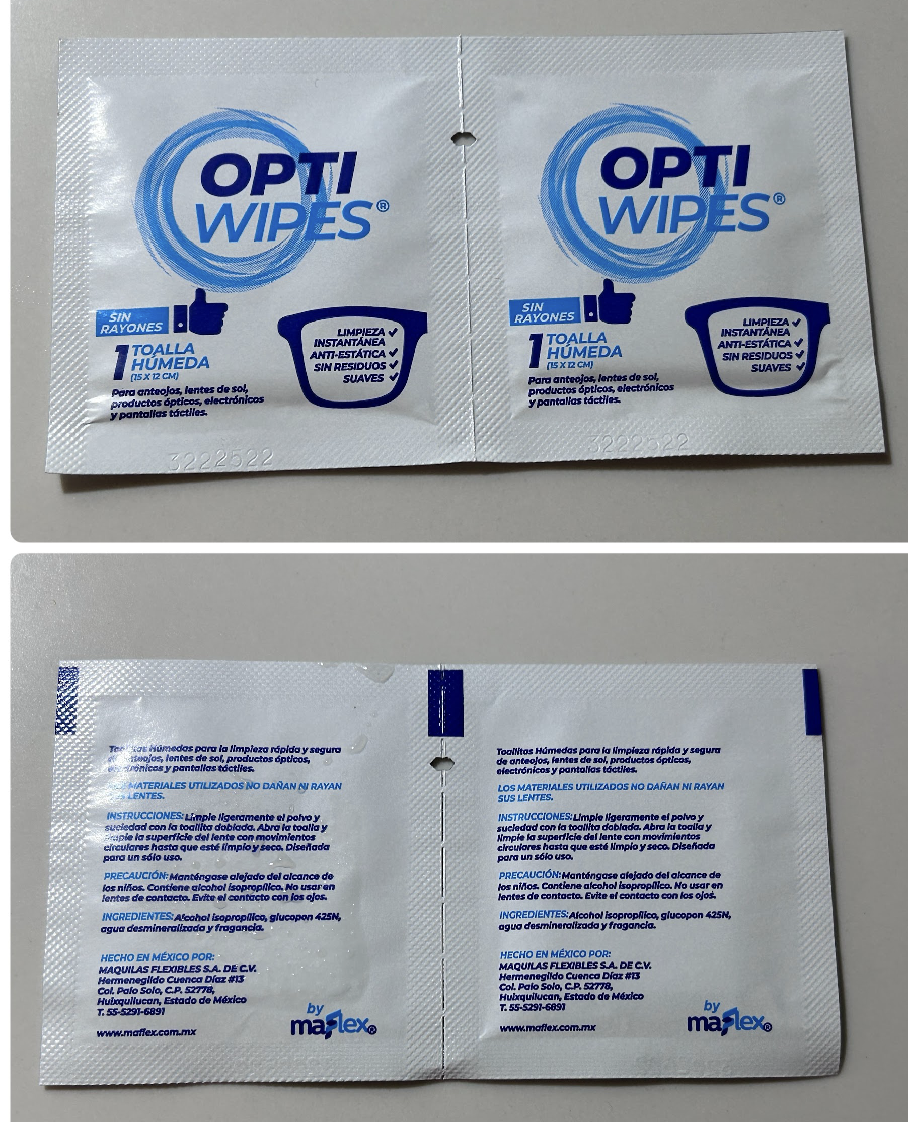 Front and back of the OPTI WIPES individual packets